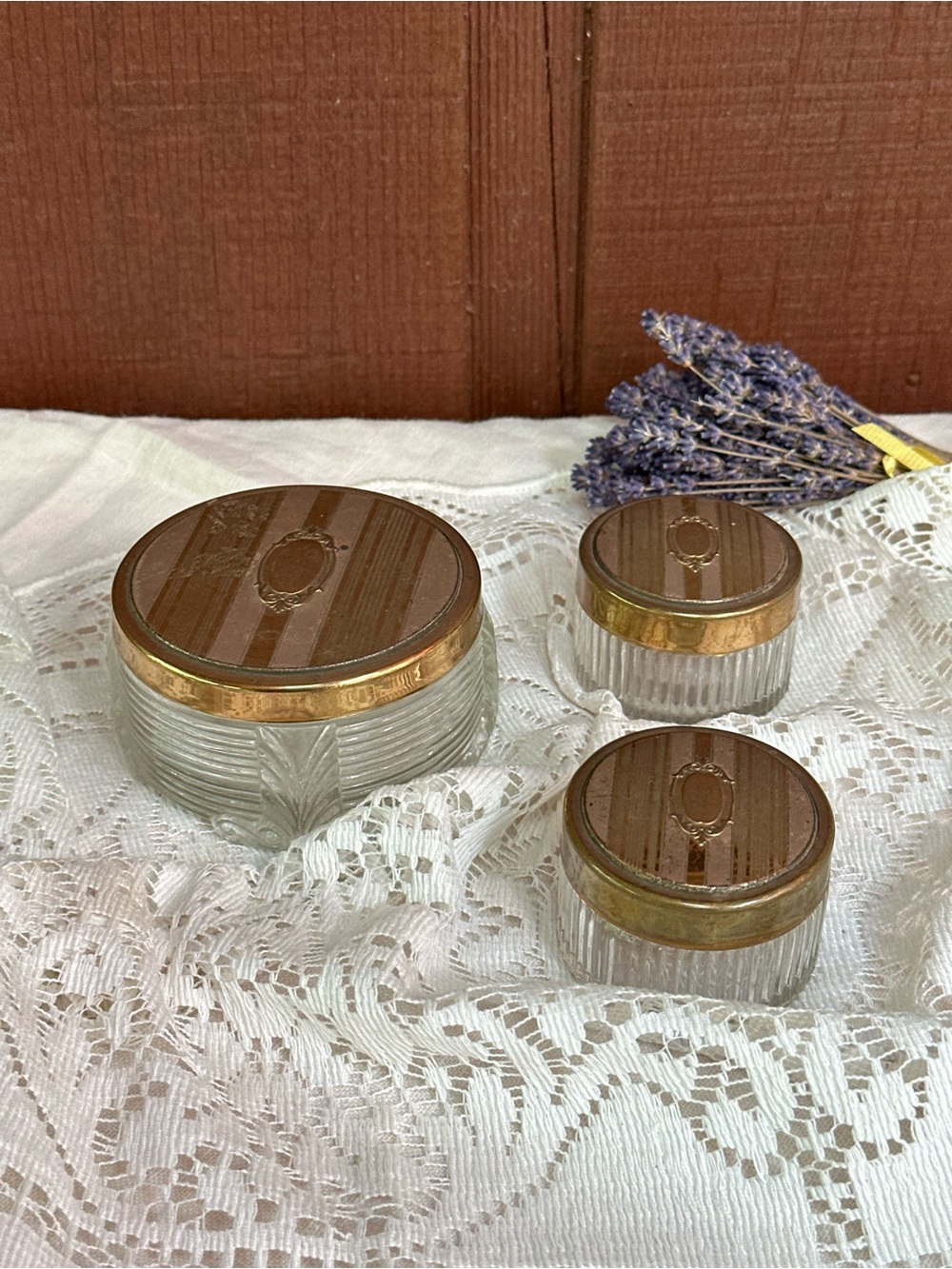 3-Piece Ribbed Clear Glass Vanity Powder Jar Set w/ Gold Tone Metal Lids